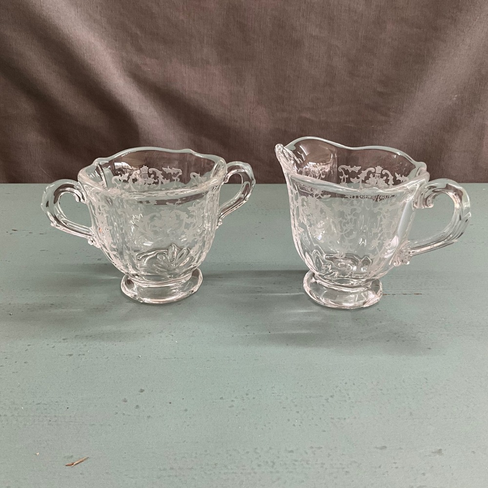 Fostoria Versailles Clear Etched Glass Creamer and Sugar Bowl Set Footed Vintage